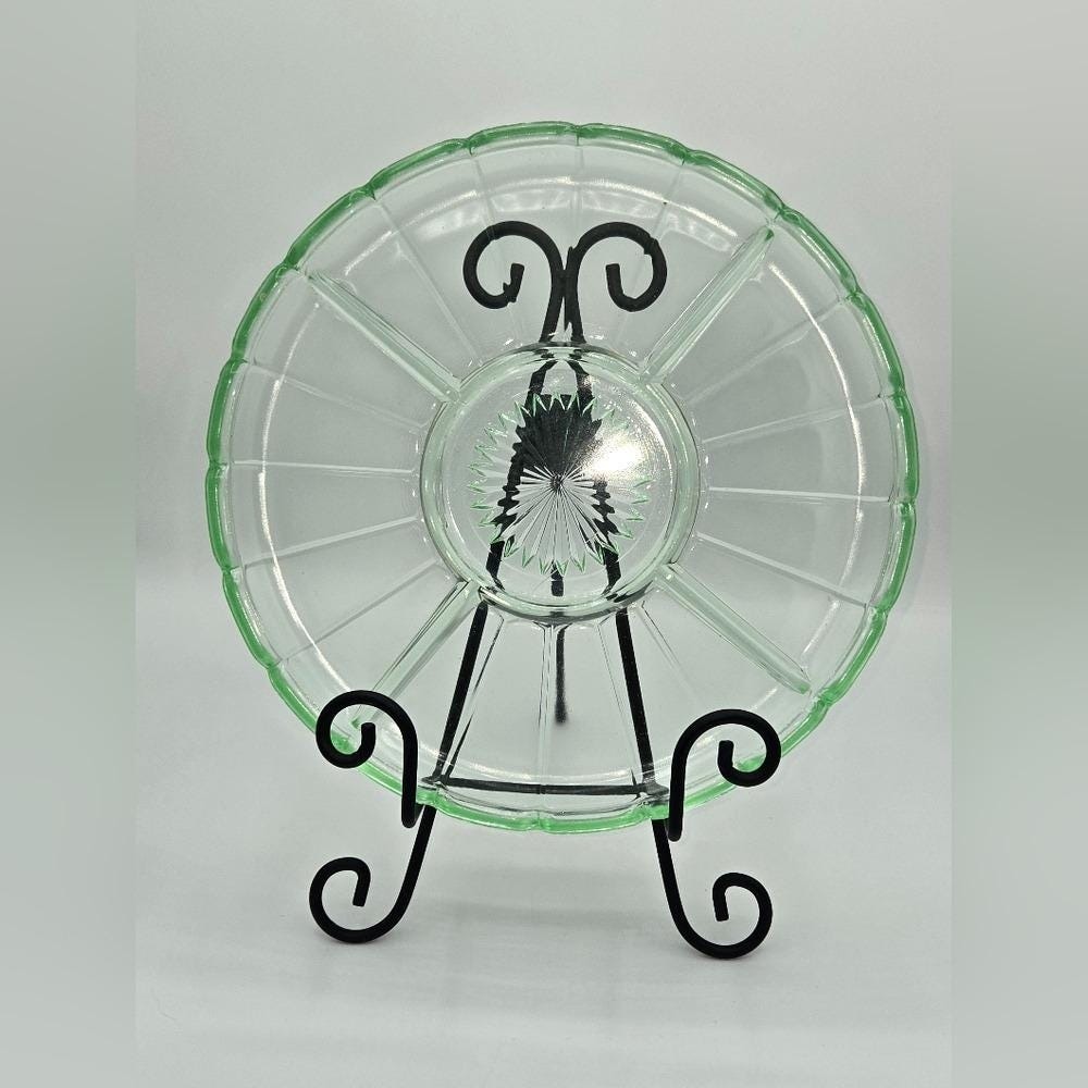 Hazel Atlas Ribbon Green Uranium Depression Glass Divided Relish Dish Tray 10"